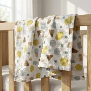 Katoen met wafelbinding Shapes yellow digital print