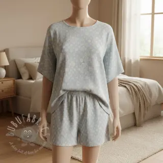 Dubbelgaas/mousseline JACQUARD Dots light blue