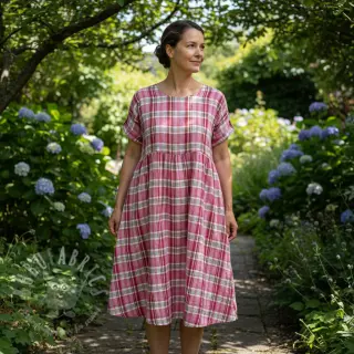 Dubbelgaas/mousseline Double sided CHECKS pink