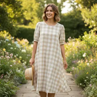 Dubbelgaas/mousseline Double sided CHECKS MINI beige