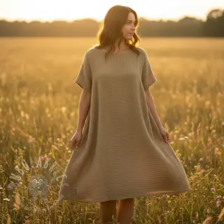Dubbelgaas/mousseline beige ORGANIC
