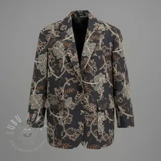 Katoenen stof JEANS Embroidery leaves black