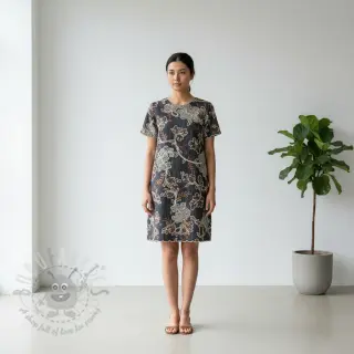 Katoenen stof JEANS Embroidery leaves black