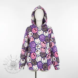 Sweaterstof Happy faces purple digital print