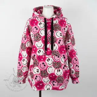 Sweaterstof Happy faces pink digital print