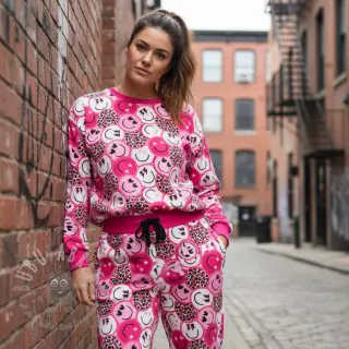 Sweaterstof Happy faces pink digital print