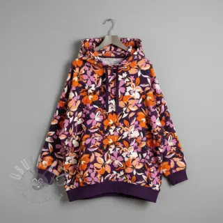 Sweaterstof Bright flowers design purple ochre