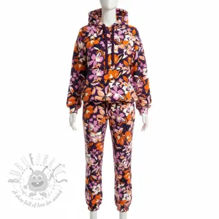 Sweaterstof Bright flowers design purple ochre