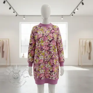 Sweaterstof Bright flowers design pink lime