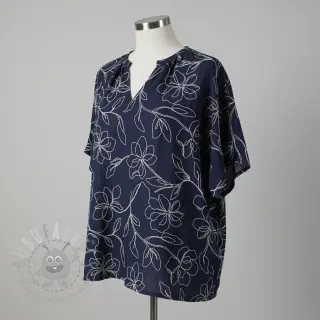 Viskóza s ľanom EMBROIDERY Flower Danielle navy