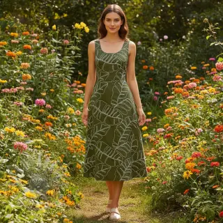 Viscose met linnen EMBROIDERY Leaves forest green