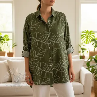 Viscose met linnen EMBROIDERY Leaves forest green
