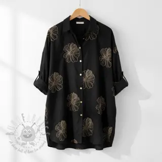 Viscose met linnen EMBROIDERY Flower Maya black