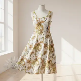Viscose met linnen Crane bird design A digital print