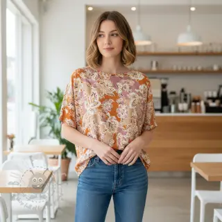 Viscose SATIN Flowie Noe orange digital print