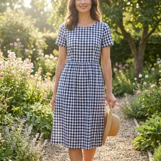 Katoenen stof Check navy