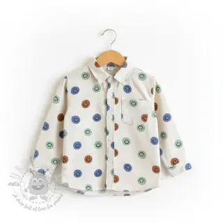 Katoenen stof FLANNEL Happy faces off white green