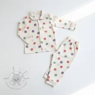 Katoenen stof FLANNEL Happy faces off white lilac