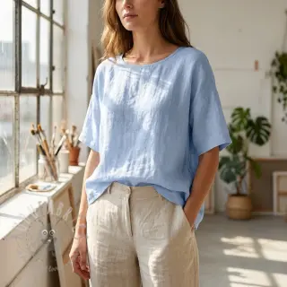 Katoenen stof met linnen light blue