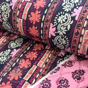 Katoenen stof VOILE STEPPED Daria flower aubergine digital print