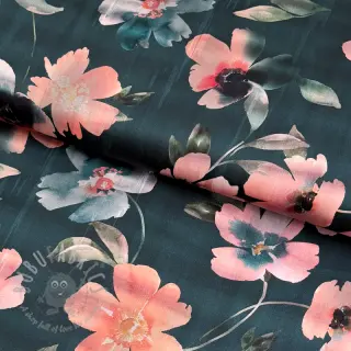 Katoenen stof SATIN Penny flower petrol digital print