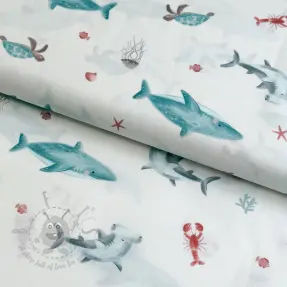 Katoenen stof Sea life offwhite digital print