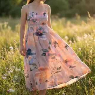 Katoenen stof SATIN Penny flower peach digital print