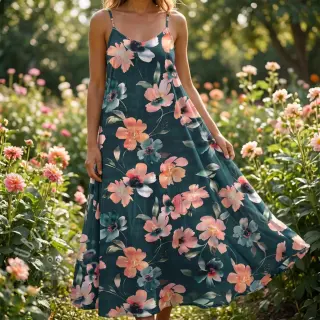 Katoenen stof SATIN Penny flower petrol digital print