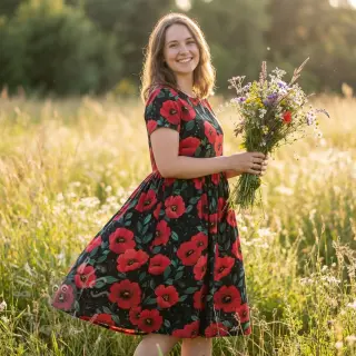 Katoenen stof Poppy black digital print
