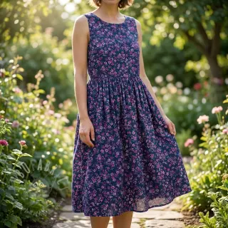 Katoenen stof Simie flowers navy digital print