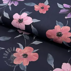 Katoenen stof VISCOSE Flowers navy digital print