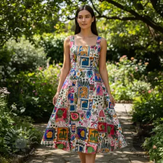 Katoenen stof SATIN Summer patchwork digital print