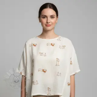 Dubbelgaas/mousseline EMBROIDERY Dogs ecru