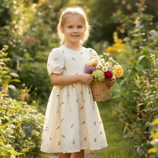 Dubbelgaas/mousseline EMBROIDERY Fruit green SIMPLY NATURAL