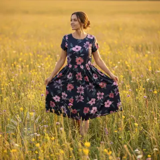 Katoenen stof VISCOSE Flowers navy digital print