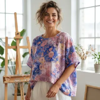 Katoenen stof TIE DYE EMBROIDERY Flora design C