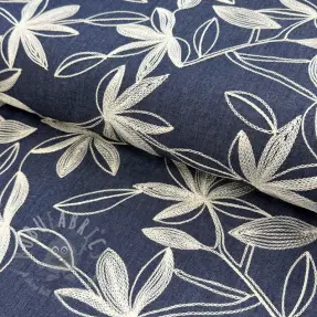 Katoenen stof JEANS Embroidery Flowers white