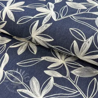 Katoenen stof JEANS Embroidery Flowers white