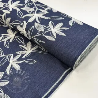 Katoenen stof JEANS Embroidery Flowers white