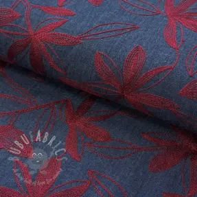 Katoenen stof JEANS Embroidery Flowers burgundy