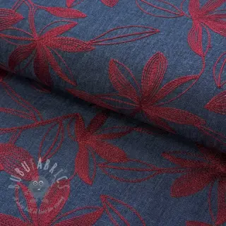 Katoenen stof JEANS Embroidery Flowers burgundy