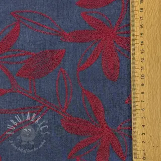 Katoenen stof JEANS Embroidery Flowers burgundy