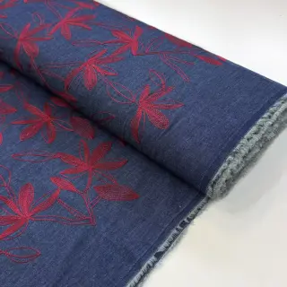 Bavlnená látka JEANS Embroidery Flowers burgundy
