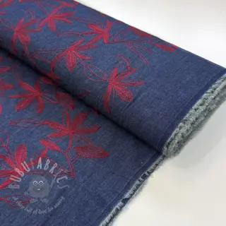 Katoenen stof JEANS Embroidery Flowers burgundy