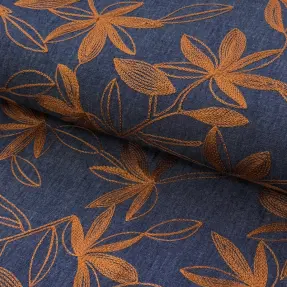 Bavlnená látka JEANS Embroidery Flowers camel
