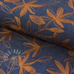 Katoenen stof JEANS Embroidery Flowers camel