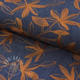 Katoenen stof JEANS Embroidery Flowers camel