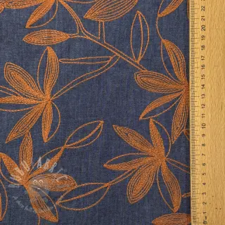 Bavlnená látka JEANS Embroidery Flowers camel
