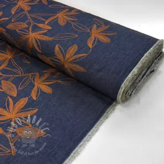 Bavlnená látka JEANS Embroidery Flowers camel
