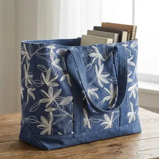 Bavlnená látka JEANS Embroidery Flowers white
